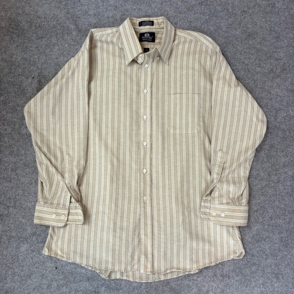 Stafford Mens Tan White Striped Long Sleeve Button Down Shirt 17 32/33 Oxford